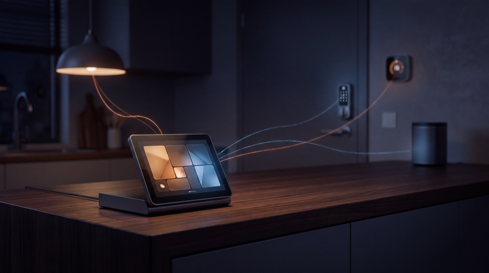 A slim smart home hub with a glowing square touchscreen on a walnut kitchen counter at night, with faint lines of light linking it to a lamp, lock, thermostat and speaker