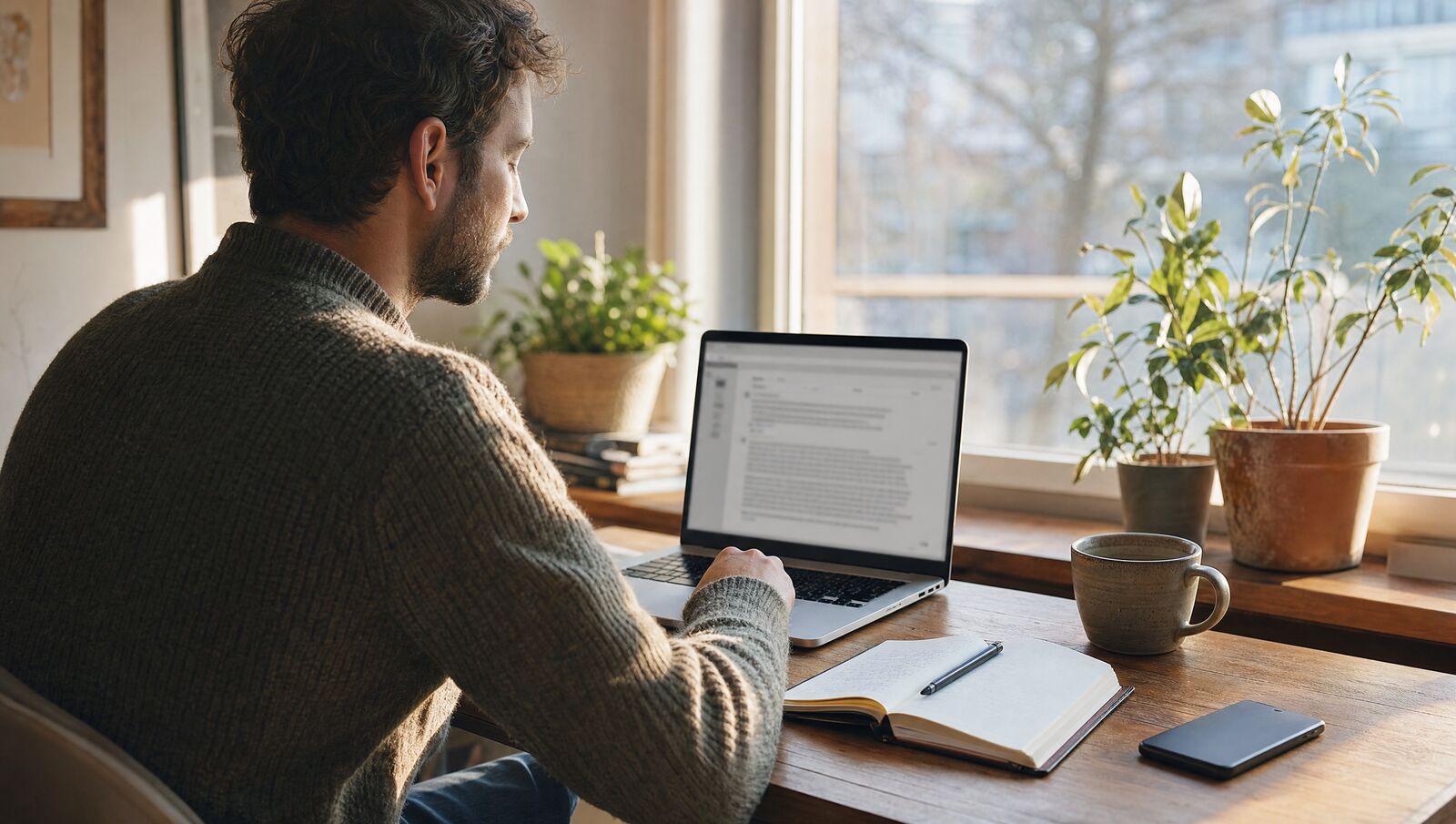A writer at a wooden desk by a window reviewing a newsletter draft on a laptop, with a notebook, a phone and a cup of coffee beside it