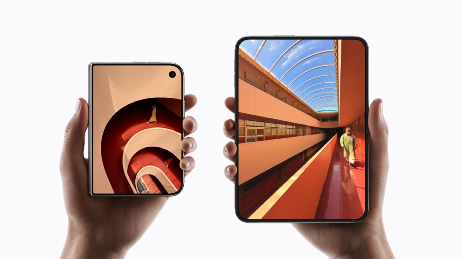 iPhone Duo shown closed in one hand and open in the other, comparing the outer and inner displays