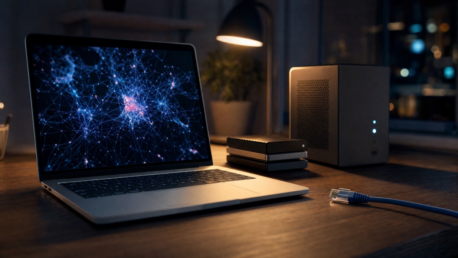 A laptop showing a glowing neural network next to a small desktop computer and external drives at night, with an unplugged network cable on the desk