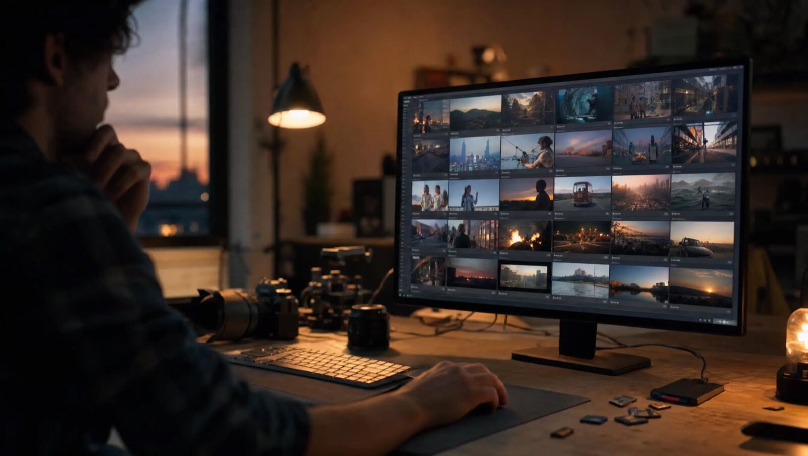 A video editor at a desk at dusk looking at a monitor full of video and photo thumbnails, with a camera and SD cards nearby