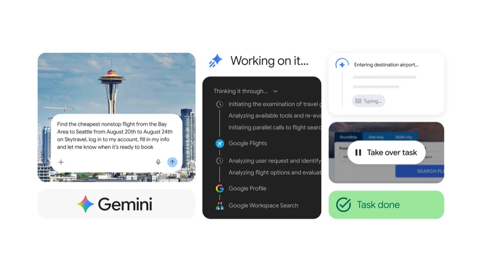 Gemini agent booking a nonstop flight, showing its reasoning steps, a take over task button and a task done confirmation