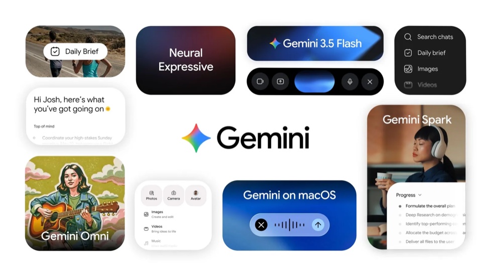 Collage of Gemini app features including a Gemini Spark card showing a progress checklist