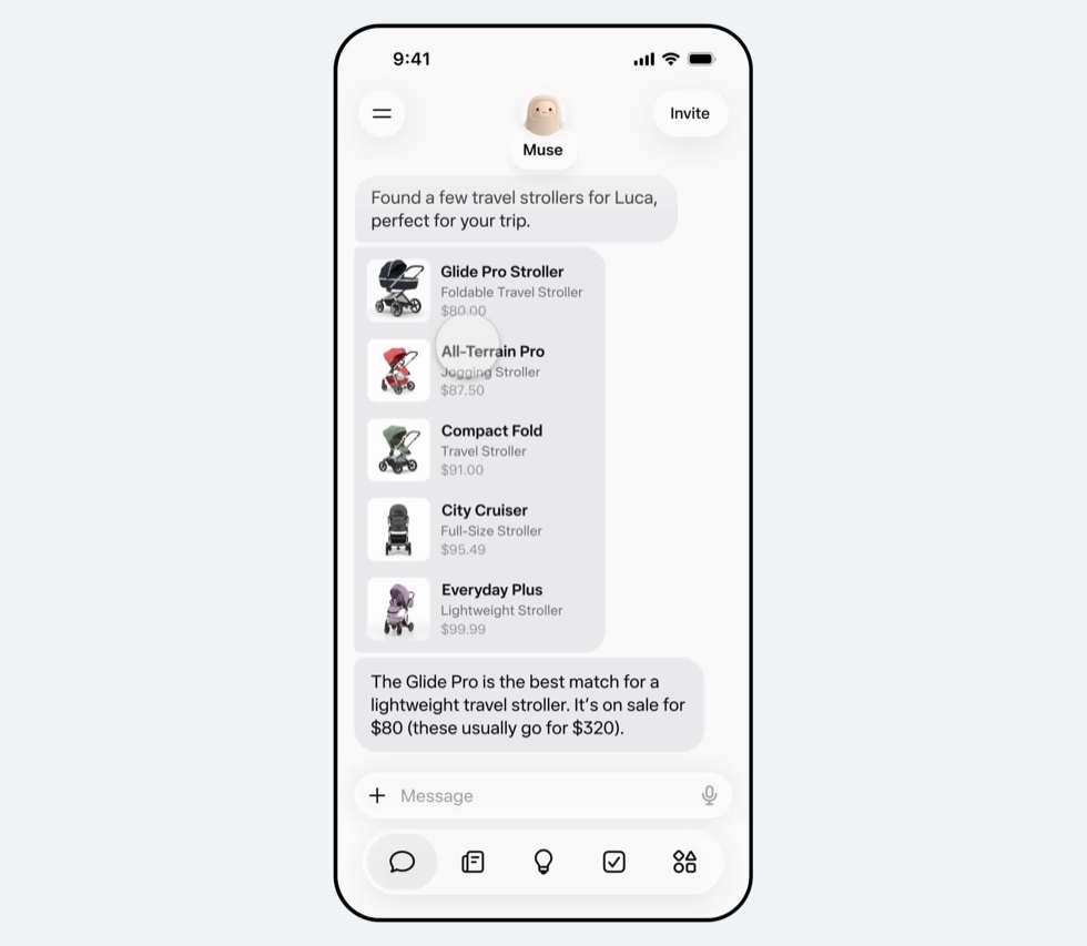 Muse app on a phone listing five travel strollers with prices and recommending the cheapest