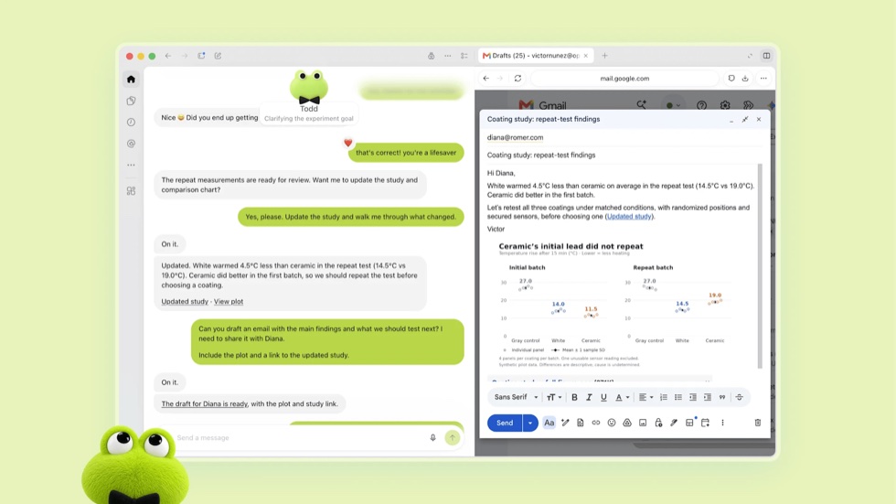A frog-shaped dot updating a study and drafting an email with a chart in Gmail next to its chat window