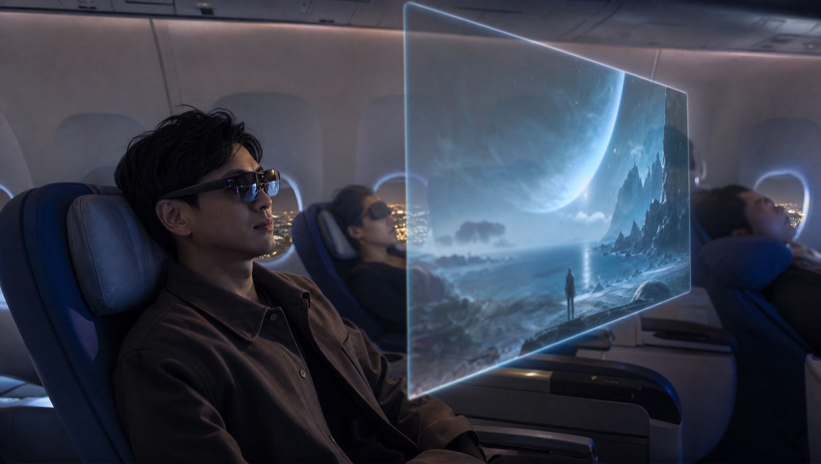 A traveler on a night flight wearing display glasses with a large virtual movie screen floating in the cabin