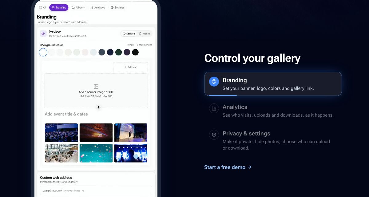 Warpbin branding editor with background colors, logo and banner upload and a custom web address field