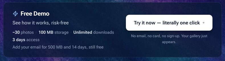 Warpbin free demo box: about 30 photos, 100 MB storage, unlimited downloads, 3 days access, 500 MB and 14 days with an email