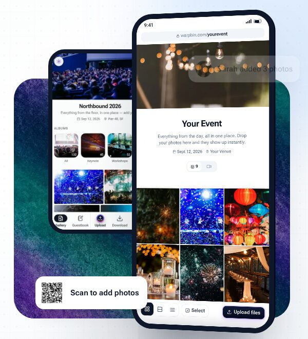 Warpbin event gallery on a phone with a Scan to add photos QR code