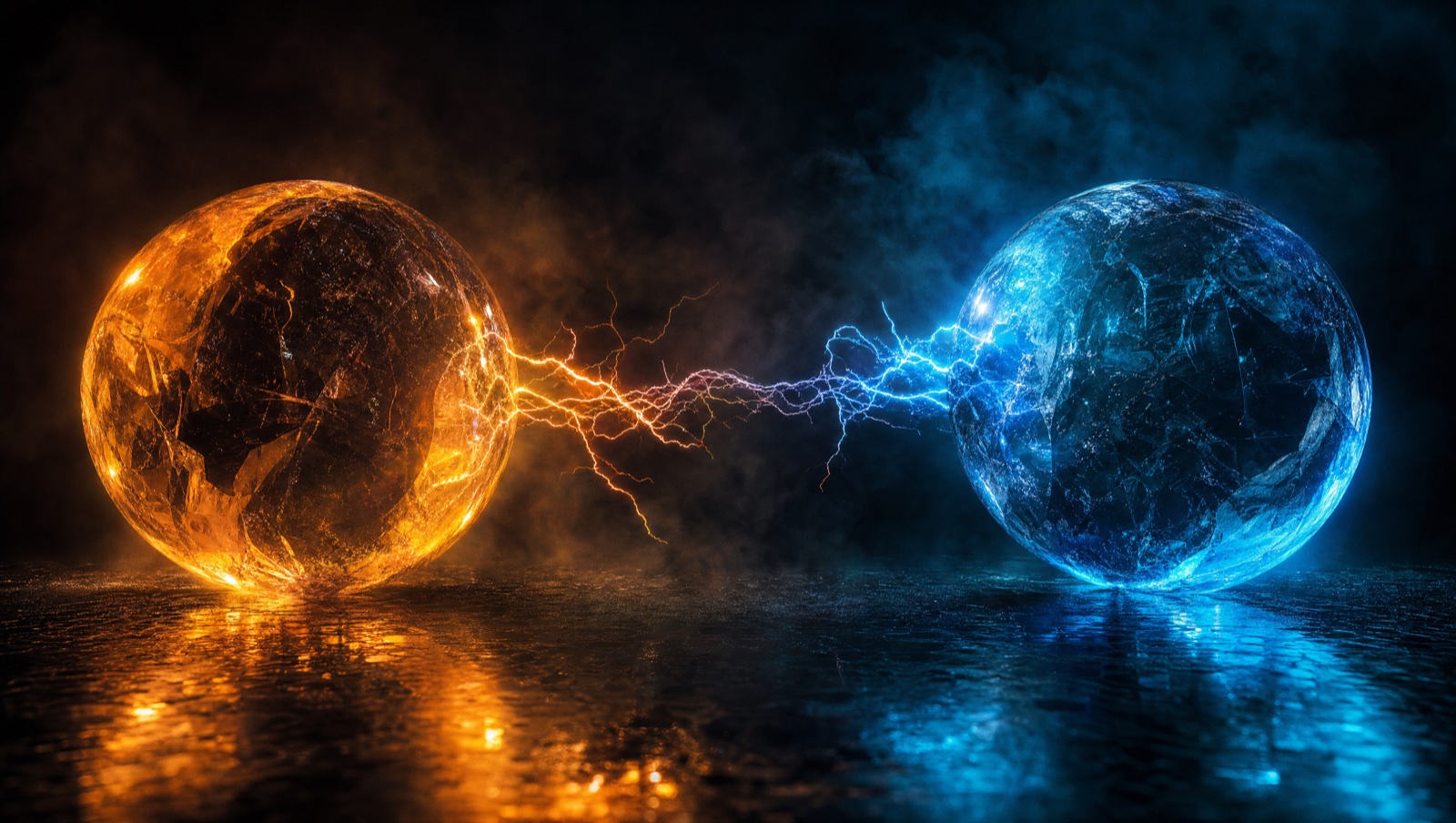 Two glowing crystal spheres, one amber and one blue, connected by arcs of electricity on a dark reflective floor