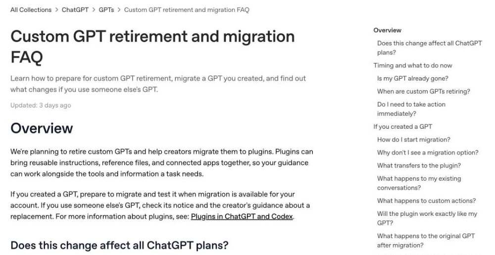 OpenAI Help Center page titled Custom GPT retirement and migration FAQ, saying OpenAI is planning to retire custom GPTs and help creators migrate them to plugins