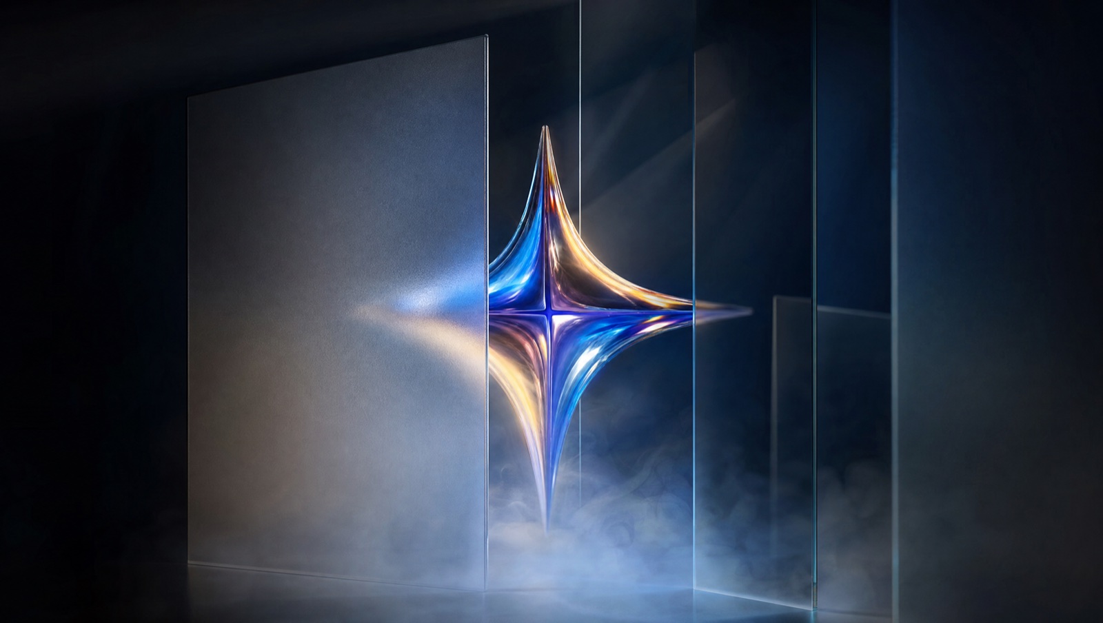 A glowing four-pointed glass star partly hidden behind frosted glass panels and fog on a dark background