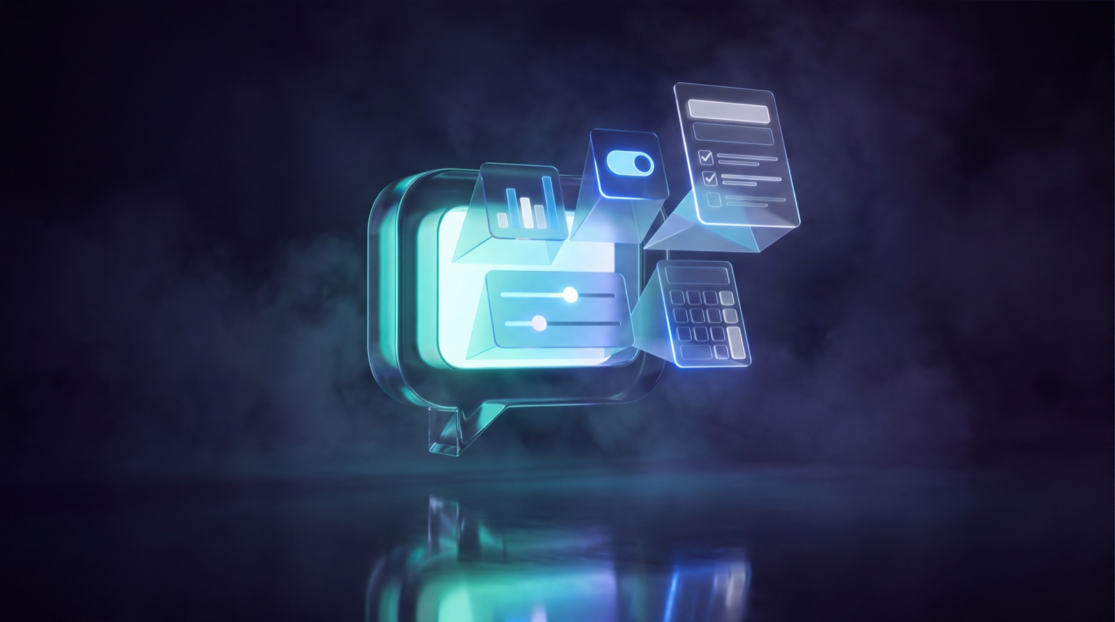A glowing glass chat bubble on a dark background with a bar chart, slider, toggle, calculator and checklist form unfolding out of it in teal light