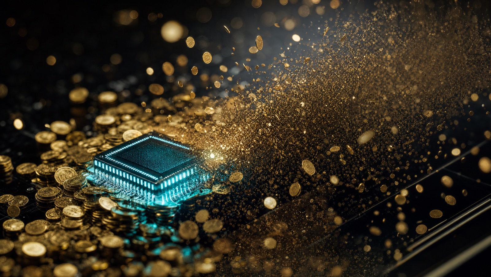 A glowing cyan microchip surrounded by gold coins dissolving into light particles