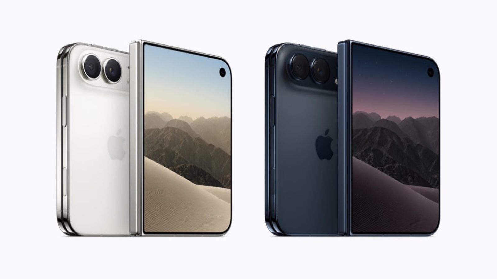 iPhone Duo in star white and night sky, each shown half-open with the inner display visible