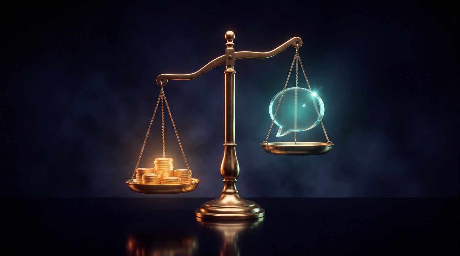 A brass balance scale on a dark background weighing a stack of glowing gold coins against a glowing teal glass chat bubble