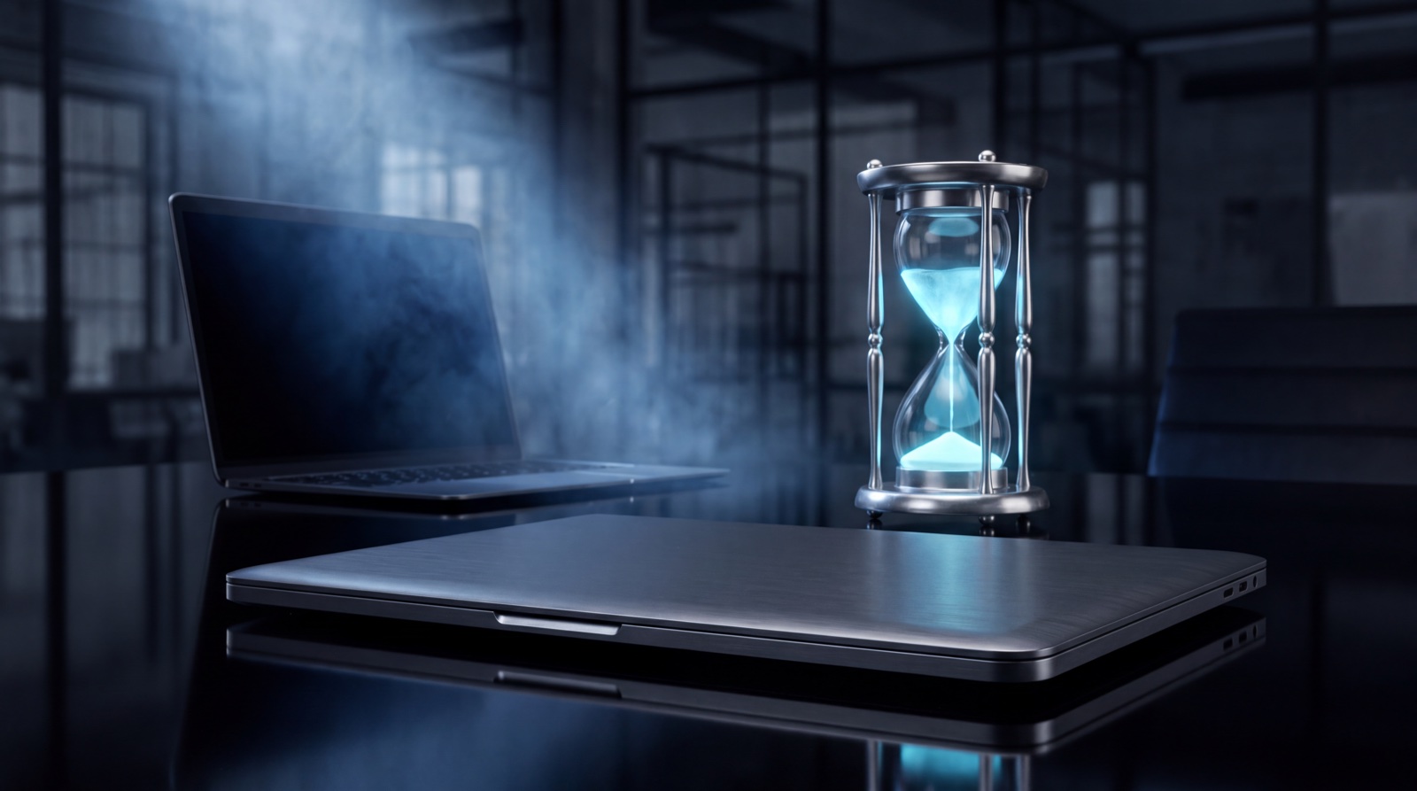A closed gray laptop on a dark glossy desk in front of an open laptop in a beam of blue light, with a glowing blue hourglass beside them