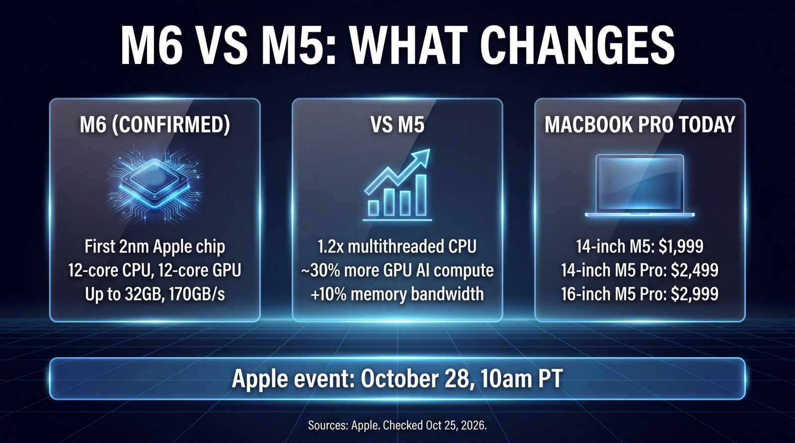 Infographic: M6 versus M5. M6 is Apple's first 2nm chip with a 12-core CPU, 12-core GPU, up to 32GB memory and 170GB/s bandwidth versus 153GB/s; up to 1.2x multithreaded CPU and nearly 30% more GPU AI compute. MacBook Pro today: 14-inch M5 $1,999, 14-inch M5 Pro $2,499, 16-inch M5 Pro $2,999. Apple event October 28, 10am PT