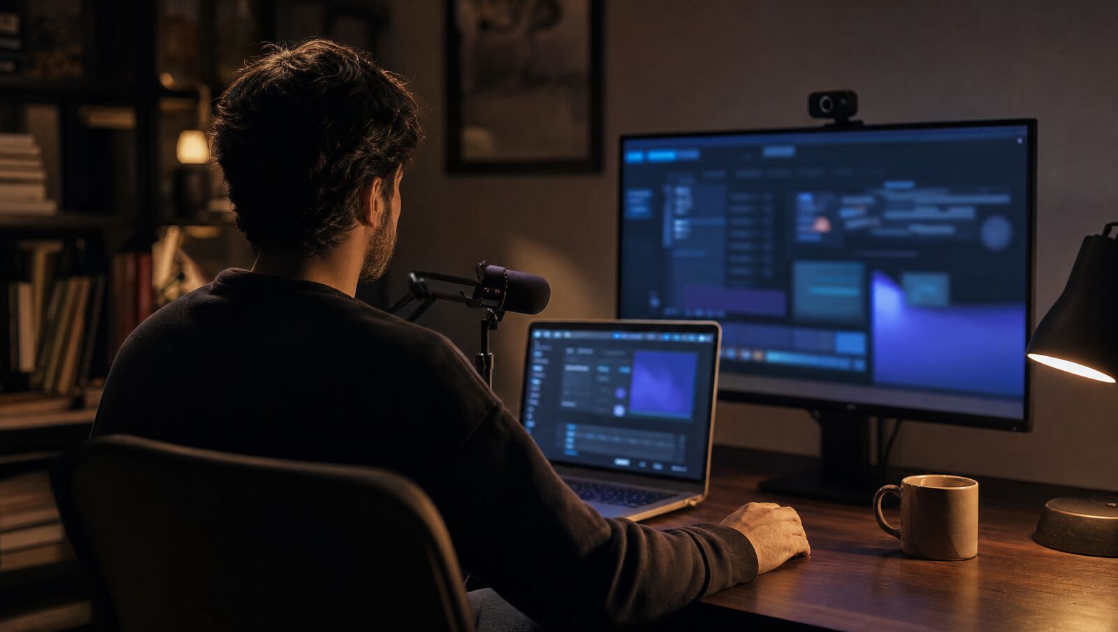 A person at a dark desk recording a software demo on a laptop, with a webcam and a small microphone beside a large external monitor