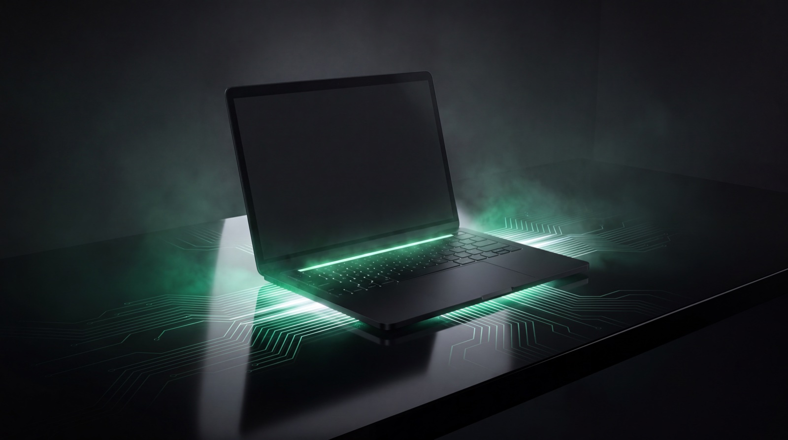 A slim black laptop open on a dark desk with green light glowing from under its keyboard and spreading across the desk as circuit lines