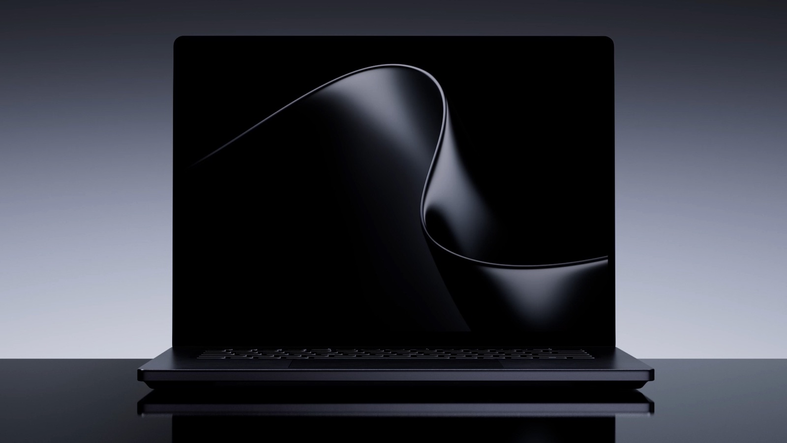 Surface Laptop Ultra in black, open on a glossy surface against a dark gray background
