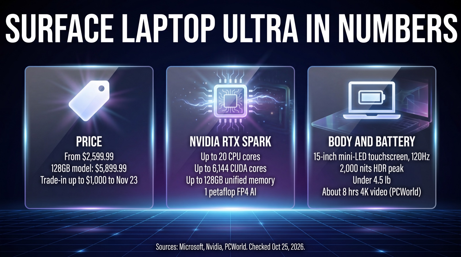 Infographic: Surface Laptop Ultra from $2,599.99, Nvidia RTX Spark with up to 20 CPU cores and 6,144 CUDA cores, up to 128GB unified memory, 1 petaflop FP4 AI, 15-inch mini-LED 120Hz touchscreen with 2,000 nits HDR, under 4.5 lb, about 8 hours of 4K video in PCWorld's test
