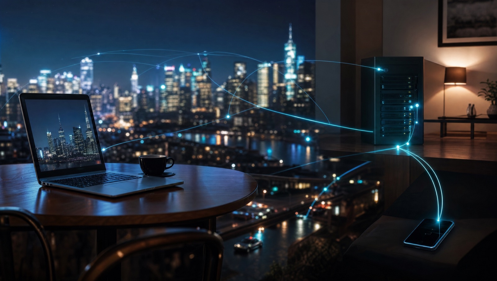 A laptop in a coffee shop connected by glowing lines of light across a night city to a home server and a phone