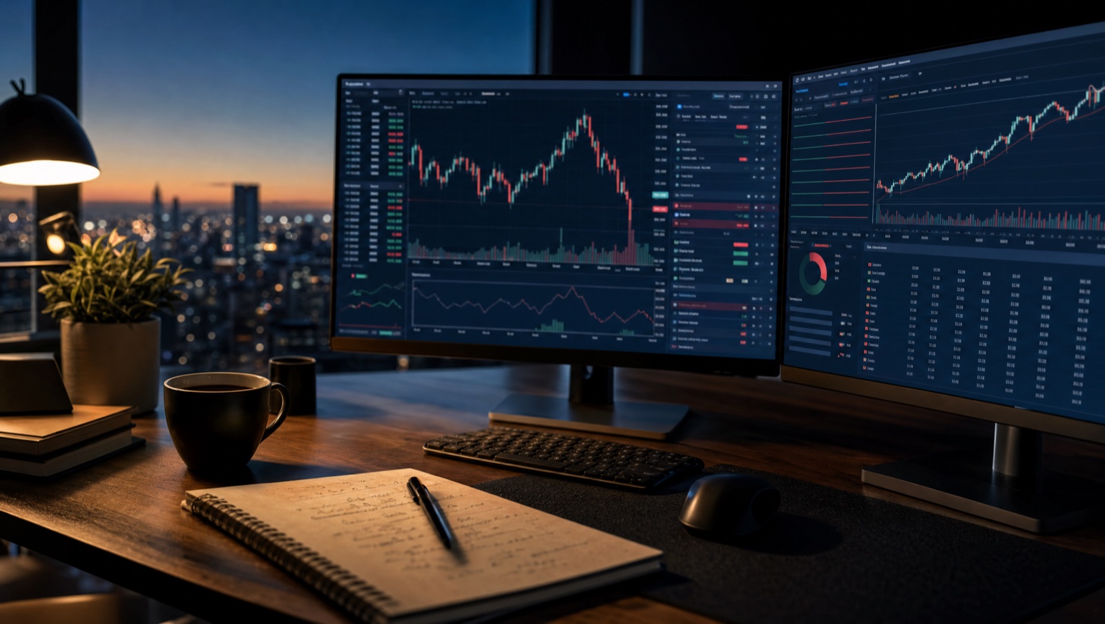A trader's desk before sunrise with two monitors showing trading dashboards, a coffee and a notebook